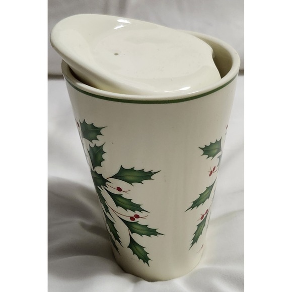 New Out Of Box Lenox Holly Holiday Ceramic Coffe Cup And Lid - Picture 2 of 9